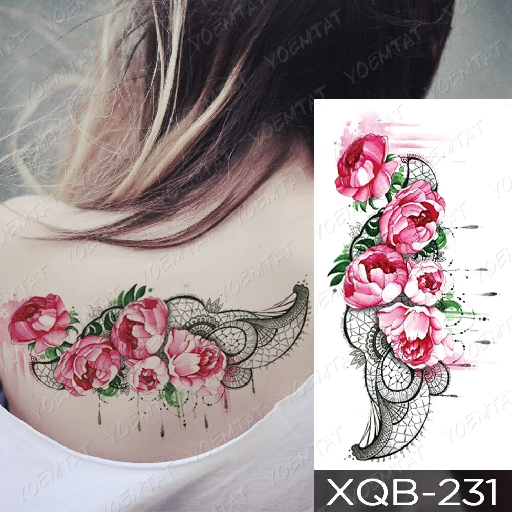 Waterproof Temporary Tattoo Sticker Heart Shaped Diamond Flash Tattoos Rose Flower Lace Body Art Arm Fake Sleeve Tatoo Women