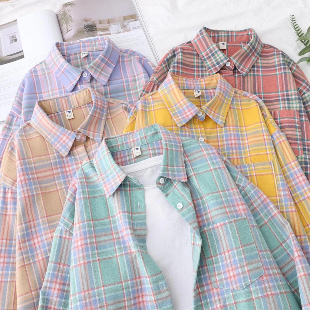 2021 New Fashion Loose Womens Plaid Shirt Fresh College Style Design Blouses And Tops Long Sleeve Casual Female Checked Clothes
