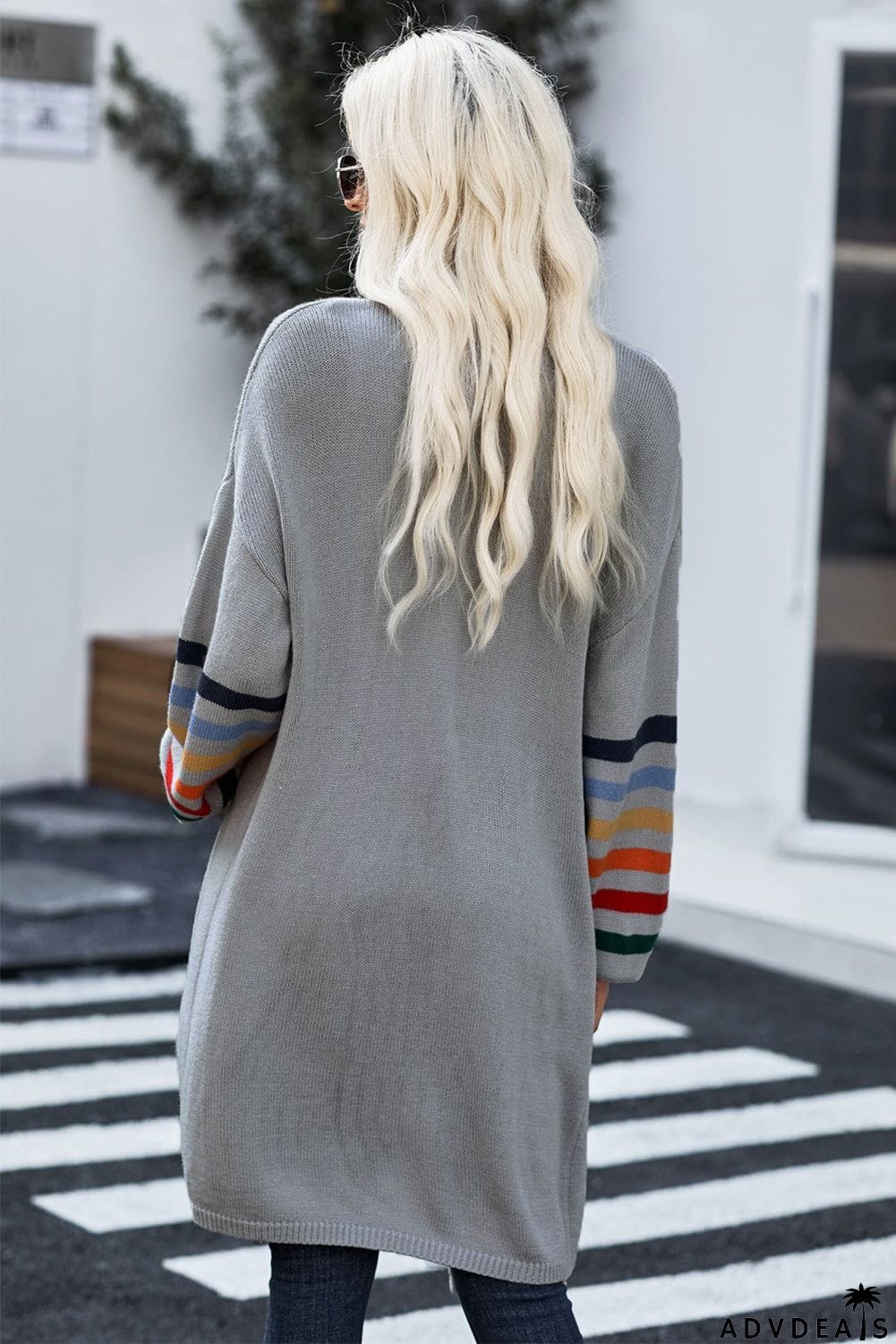 Gray Striped Balloon Sleeve Cardigan