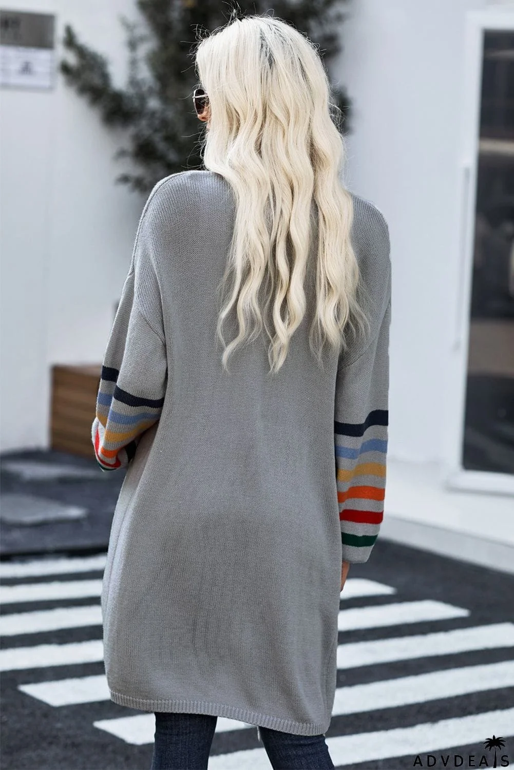 Gray Striped Balloon Sleeve Cardigan