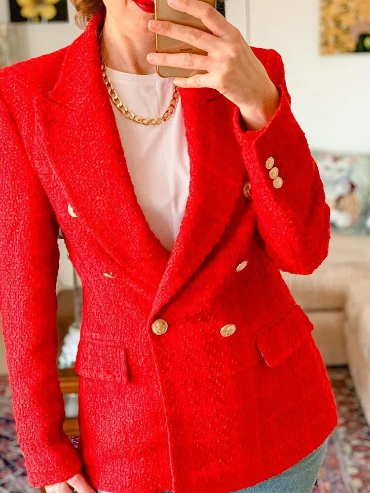 Stylish Elegant Red Double Breasted Tweed Jacket Women 2021 Fashion Pockets Turn-down Collar Coats Female Chic Outerwear