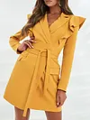 Urban V-Neck Falbala Belted Long Sleeve Simple Mini Dress