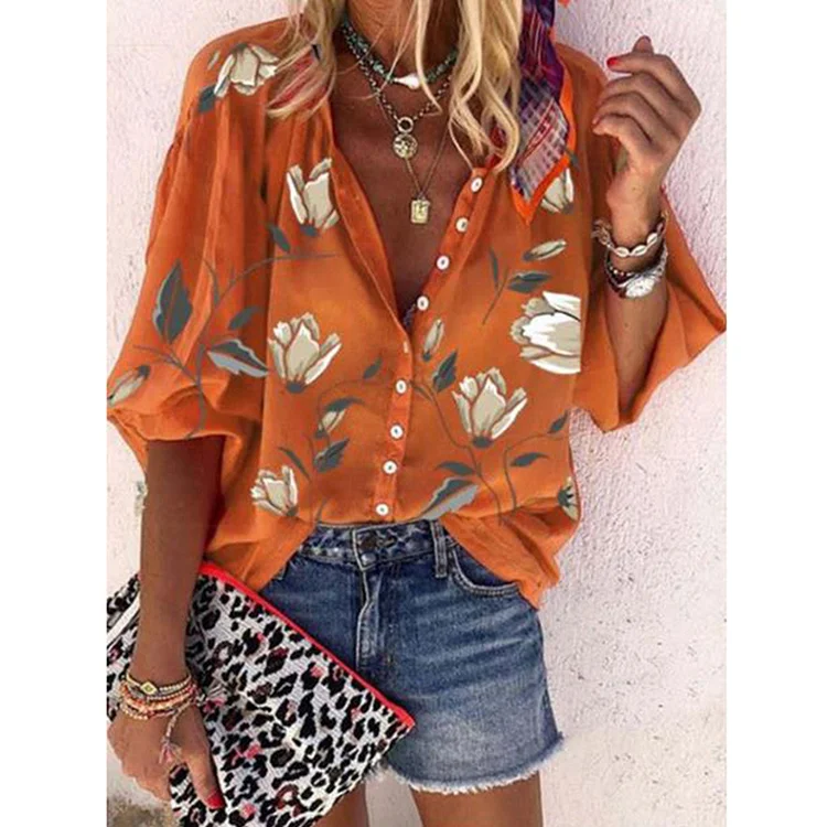 Casual V Neck Floral Printed Blouse