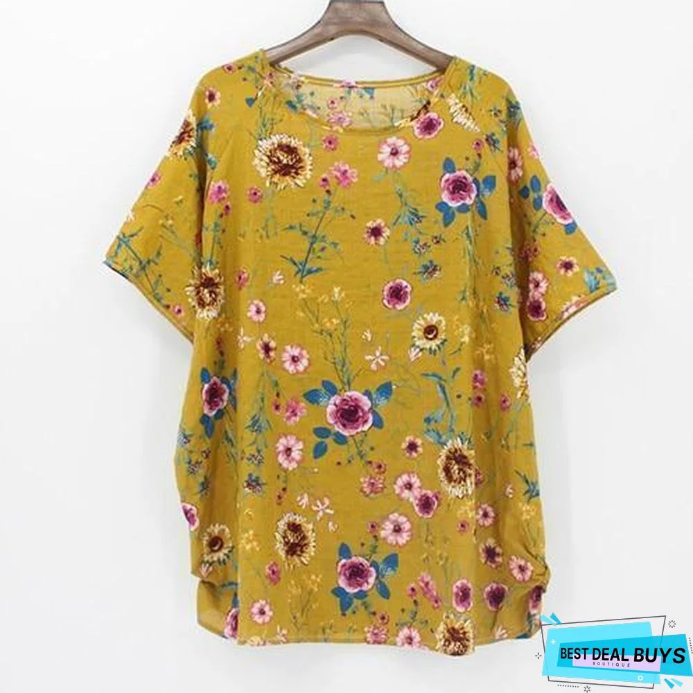 Plus Size Women Batwing Casual Tops Tees Floral Print Cotton Linen Blouses
