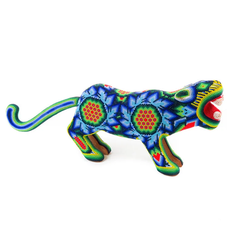 Blue & Green Huichol Beaded Jaguar Wooden Sculpture