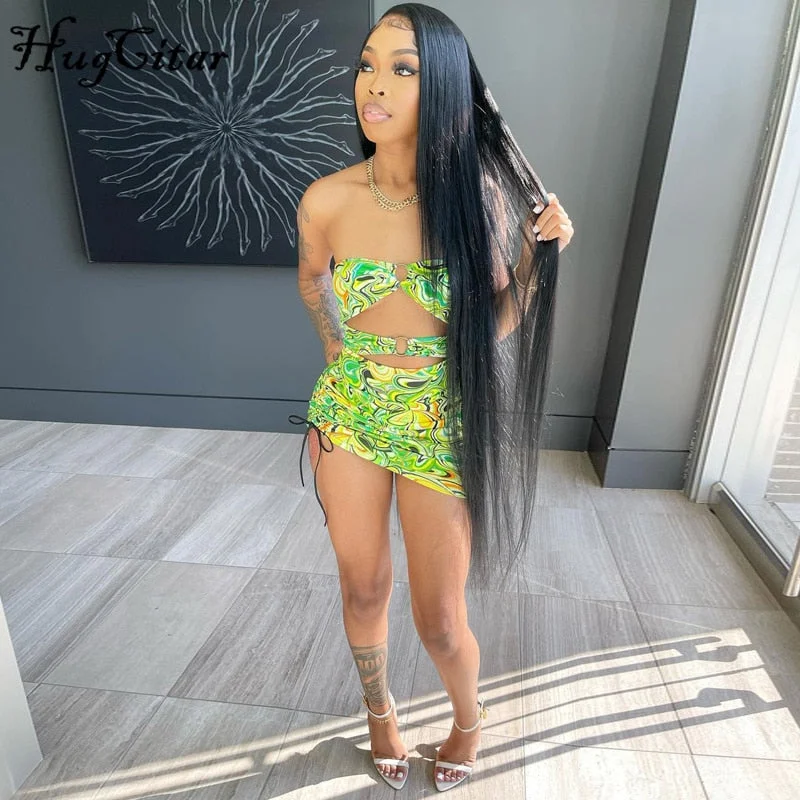 Hugcitar 2021 Print Sleeveless Bodycon Strapless Hollow Out Sexy Mini Dress Summer Women Fashion Streetwear Outfits Y2K Kpytomoa