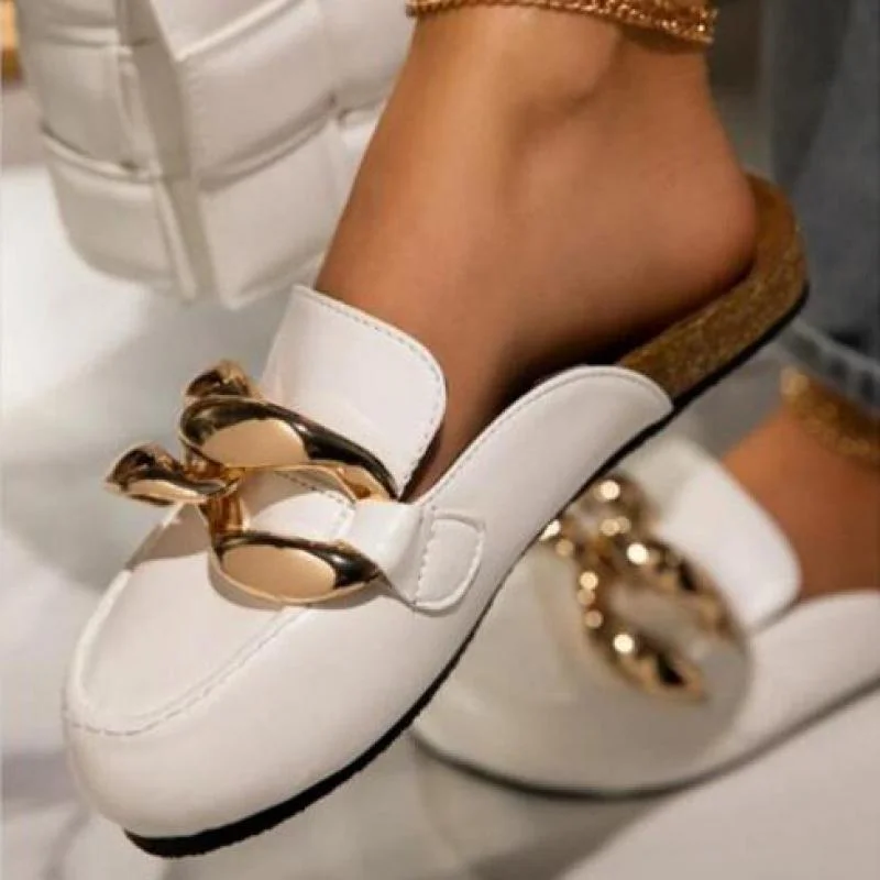 New Brand Design Gold Chain Women Slipper Closed Toe Slip On Mules Shoes Round Toe Ytmtloy Zapatillas Mujer Casa Flip Flop