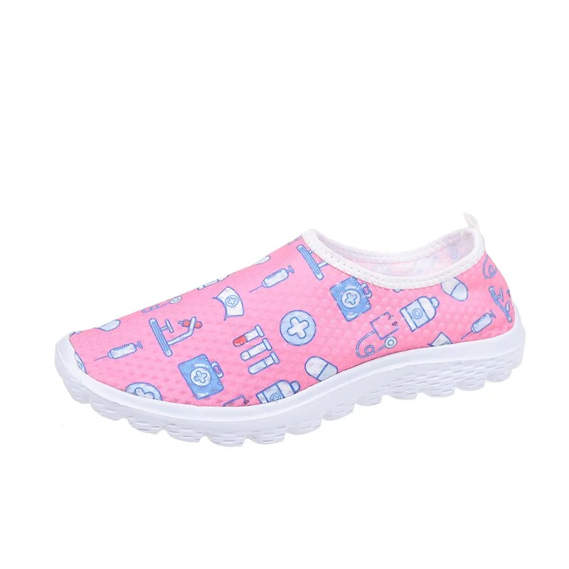 New Cartoon Nurse Doctor Print Women Sneakers Slip on Light Mesh Shoes Summer Breathable Flats Shoes Zapatos Planos