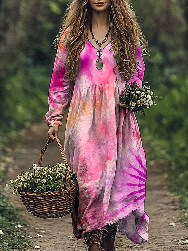Lovely Tie Dye Art Printed Women's Pocket Cotton Dress