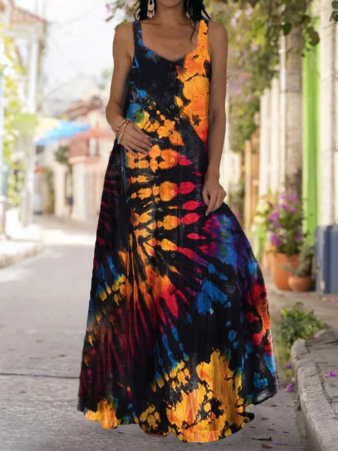 Tie-dye printing series V-neck sling casual and floor-length dress