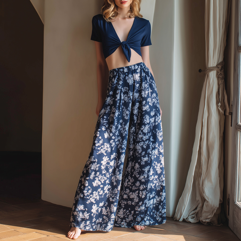 Bohemian Vacation Style Elegant Floral Print Dark Blue Knotted Halter Top Wide-leg Pants Set