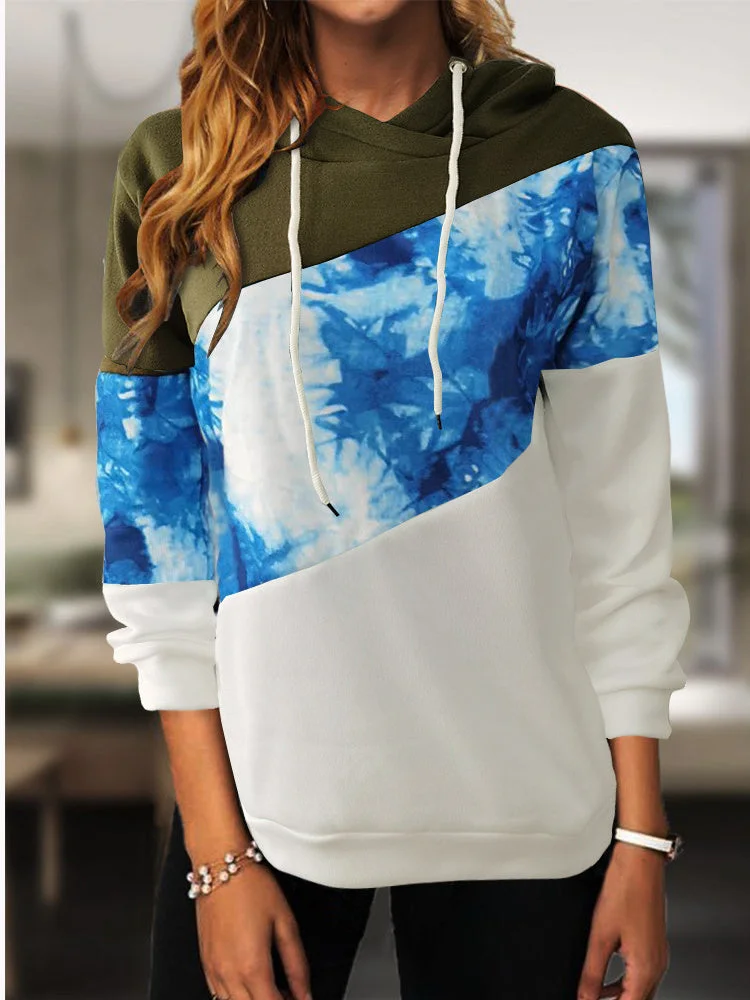 Women Long Sleeve Hooded Printed Colorblock Sweatshirts Top