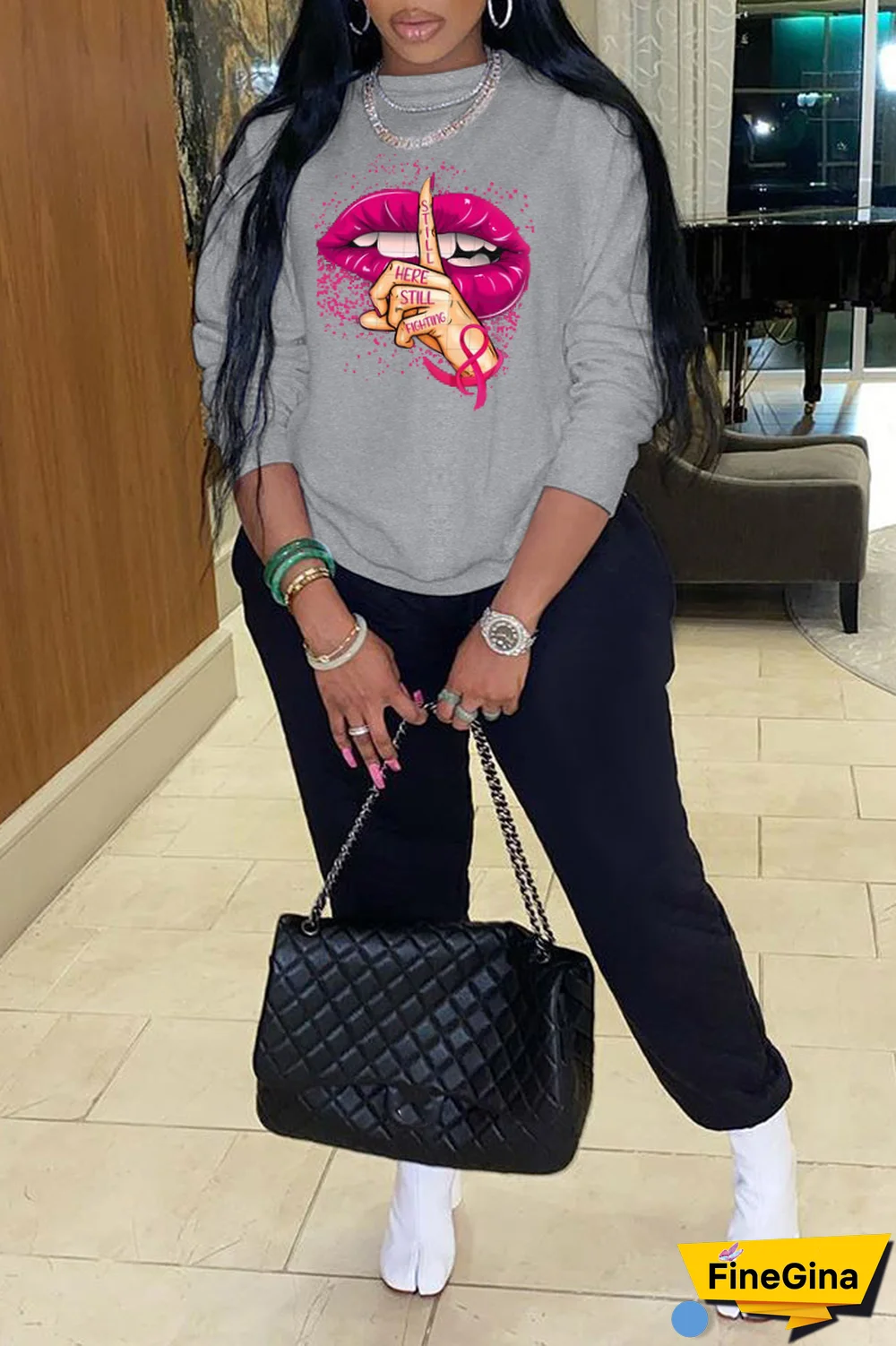 Blue Casual Street Lips Printed Patchwork O Neck Tops