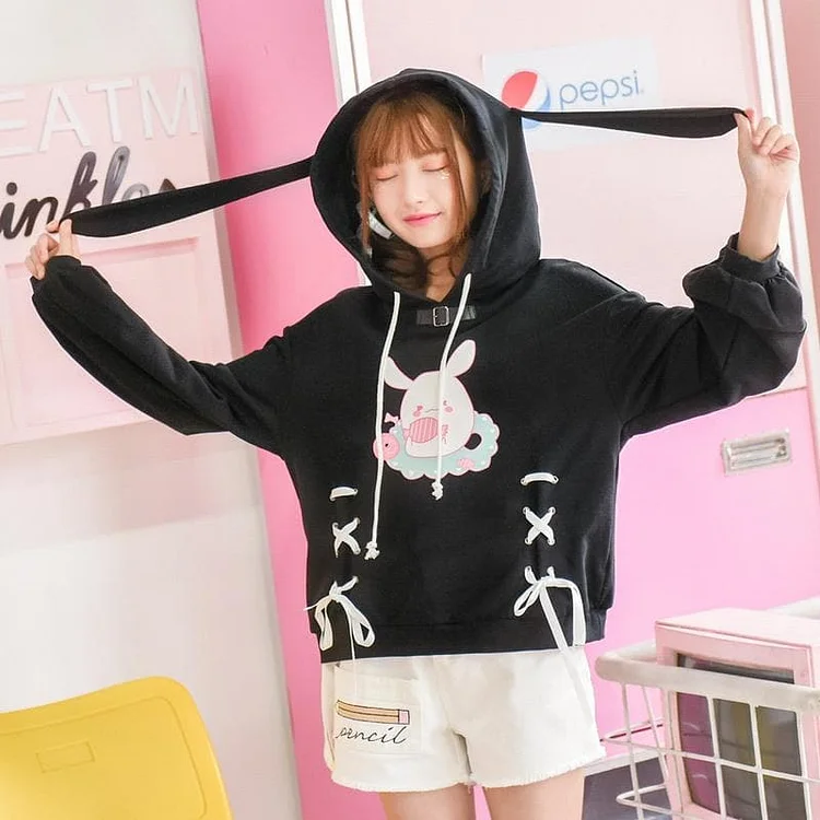 Black Kawaii Bunny Laced Hoodie Jumper SP1710977