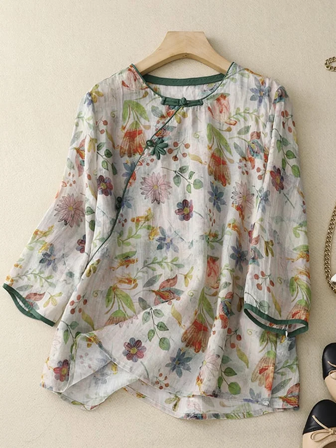 Retro Vintage Ethnic Style Thin Print Frog Button 4/3 Sleeve Shirt