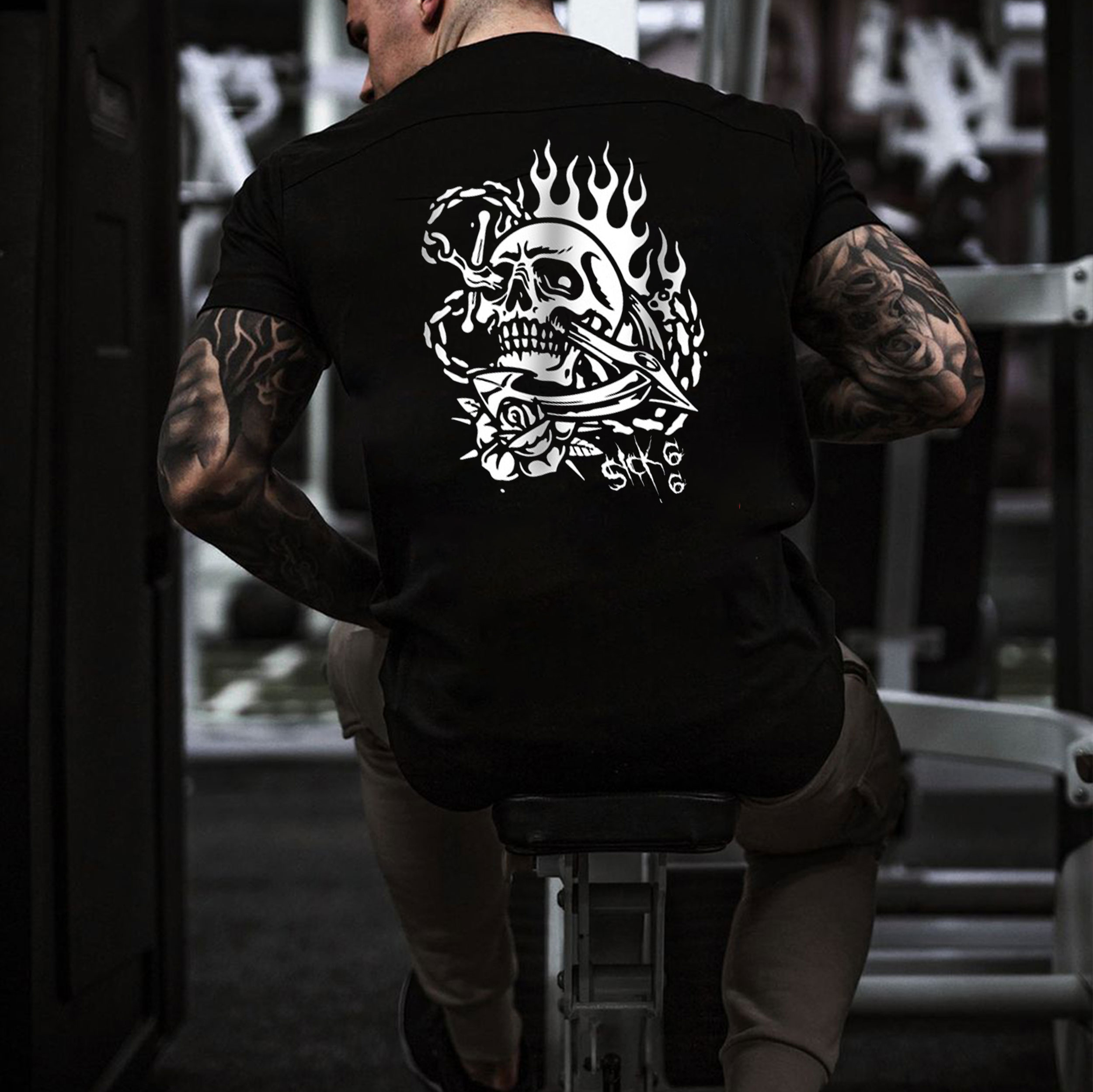 Imprisoned Skull with Rose in the Burning Fire Black Print T-shirt