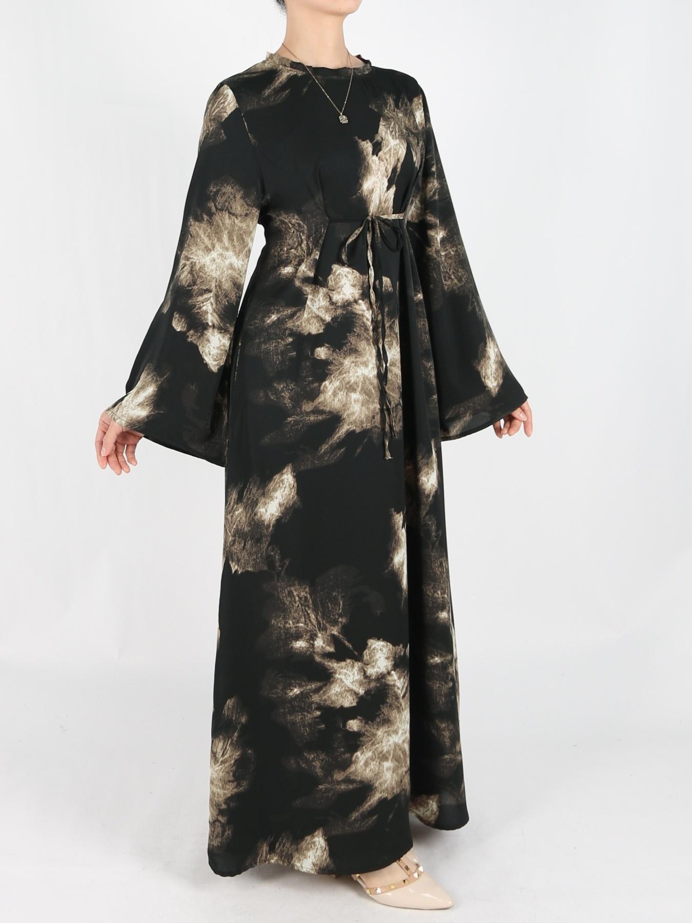 Women's Tie Side Zipper Back Dress, Elegant Long Sleeve Belted Abaya Dress for Daily Wear, Ladies Islamic Clothing for All Seasons, Round Neck Abayas