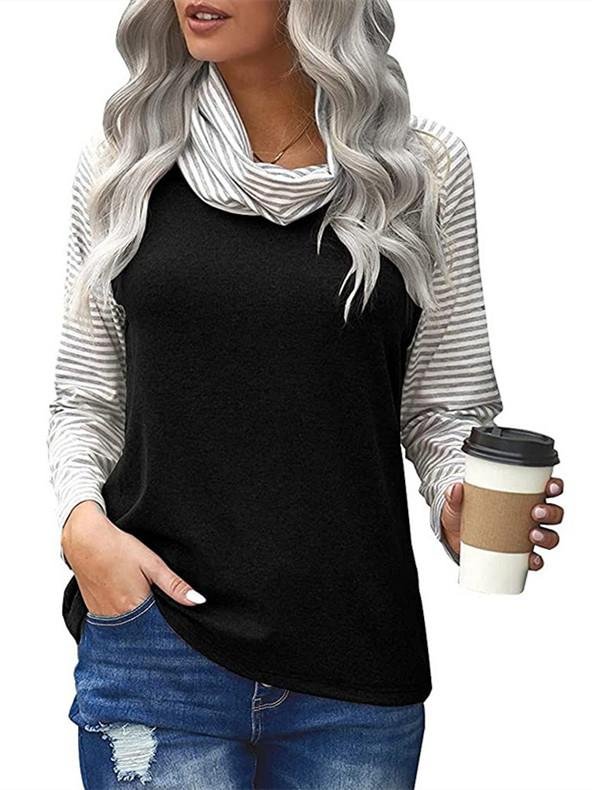 Women Long Sleeve Scoop Neck Striped Stitching Top