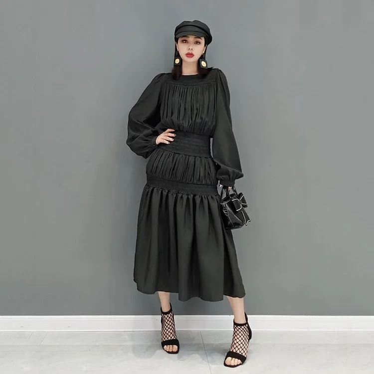 Temperament Solid Color Pleated Slim Splicing Long Sleeve Dress         