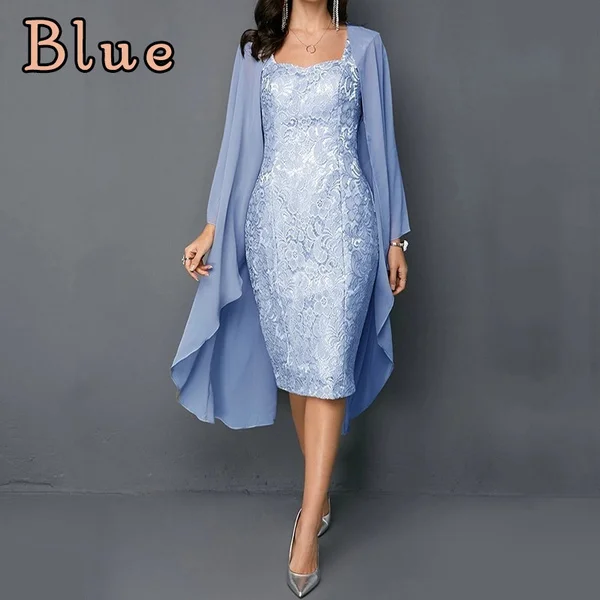 New Women Dresses Knee Length Mother Of The Bride Dresses Lace Solid Color Two Pieces Evening Gowns Elegant Long Sleeve Party Dresses Wedding Outfits Plus Size