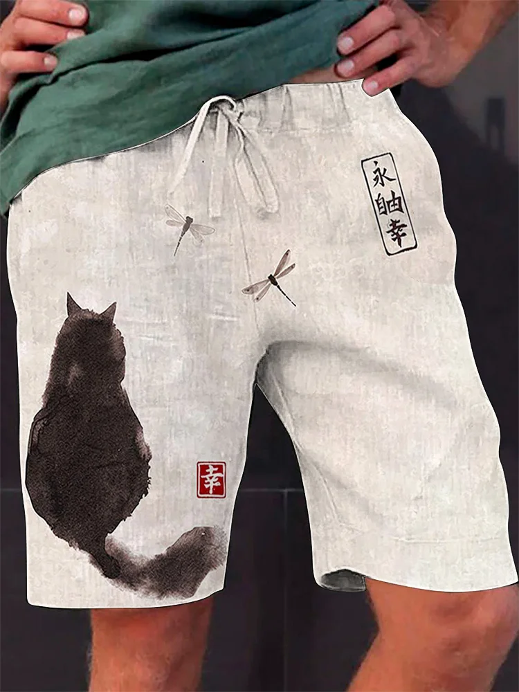 Cat Ink Painting Art Print Linen Casual Shorts