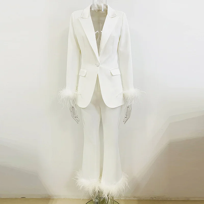 Nigikala Nigikala New Fashion Temperament Real Feather Ostrich Hairy Blazer Nine-Point Trouser Suit Two Sets