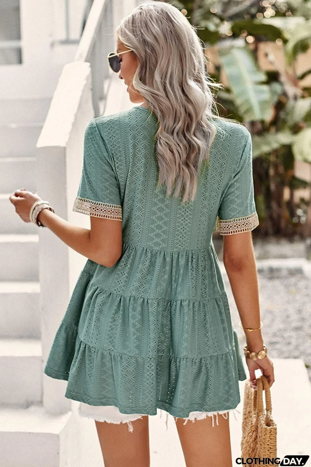 Contrast Short Sleeve Tiered Blouse