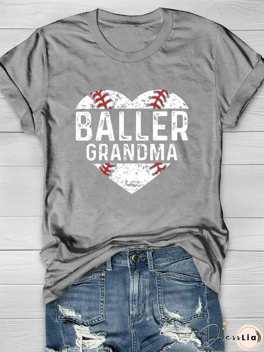 Baseball Granma Heart Print Short Sleeve T-Shirt