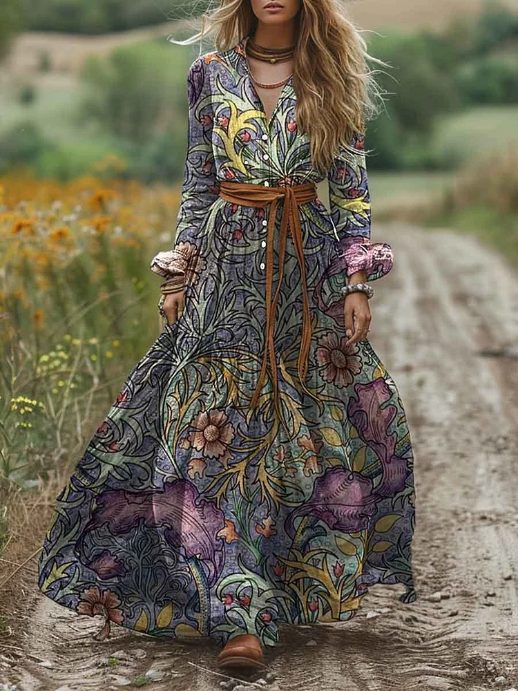 Women Lapel Vintage Printed Pocket Cotton A-Line Dress