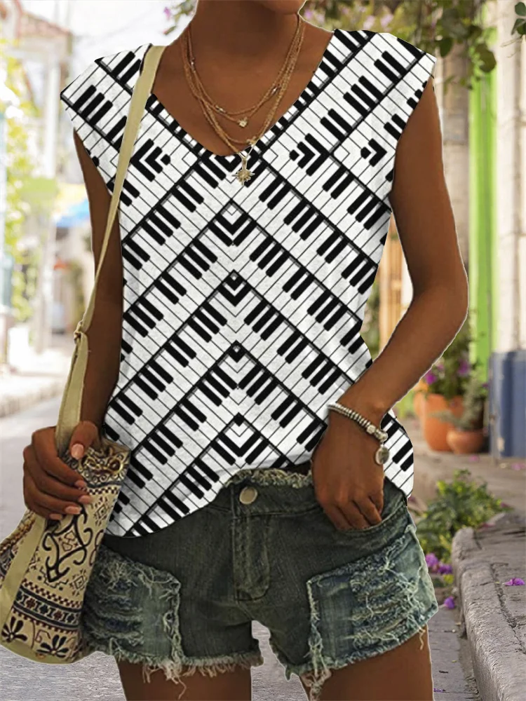 Piano Keys Inspired V Neck Tank Top