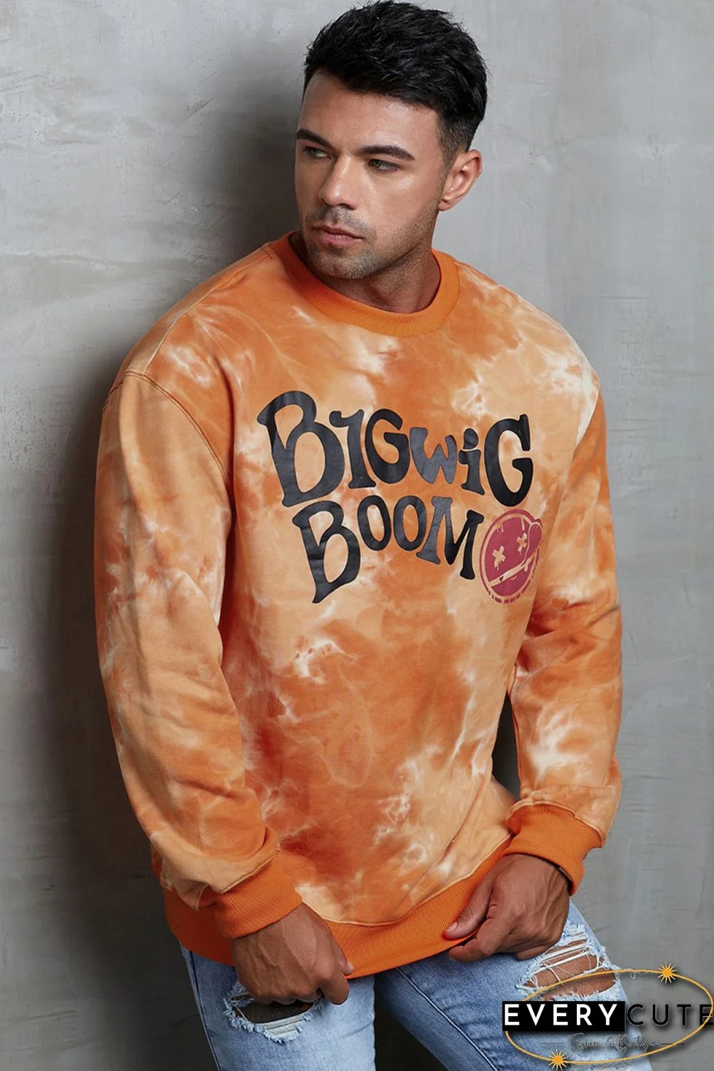 Orange Tie-dyed Letter Print Crew Neck Men's Graphic Sweatshirt