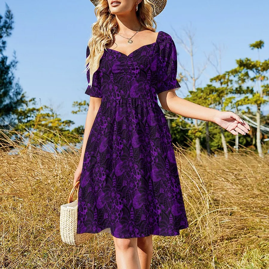 SFNEEWHO Black With Purple Floral Lace Pattern Dress Women Boho High Waist  Flared Puff Sleeve Cute Sweetheart Midi Dress