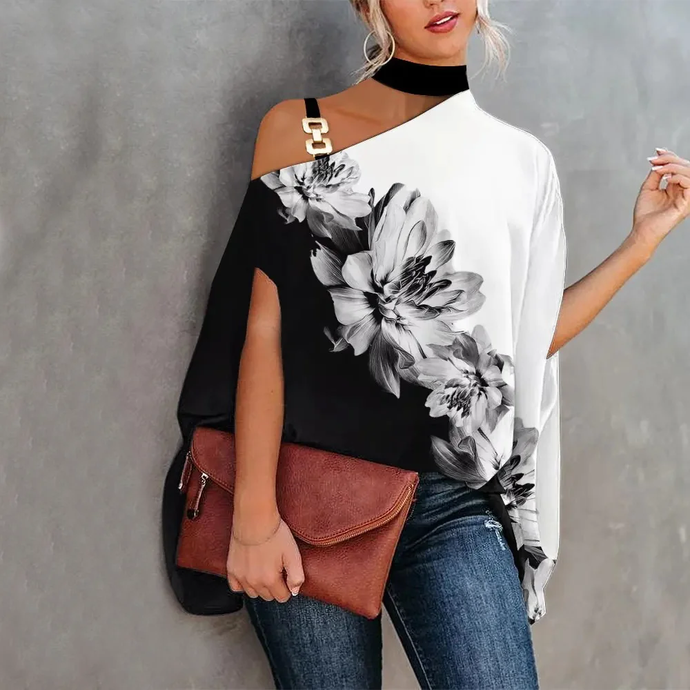 Fashion Print Off Shoulder Doll Sleeve Blouse