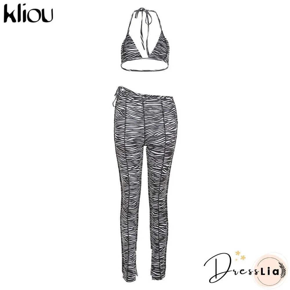 Kliou Womens Fashion Print Matching Set Halter Top Bandage Pant Two Piece Outfit Women