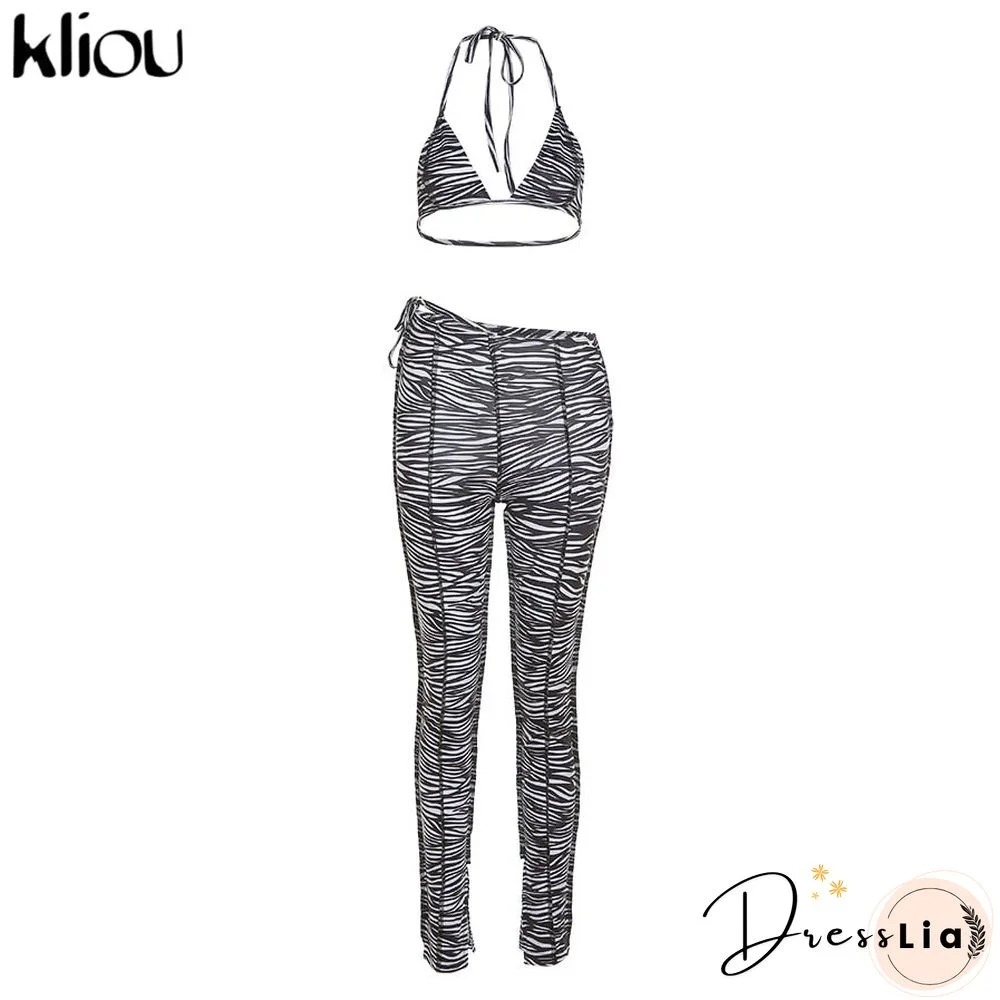 Kliou Zebra Pattern Print Matching Sets Women Sleeveless Sexy Backless Halter Top And  Bandage Pants Two Piece Outfits