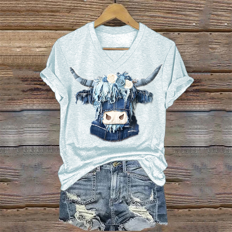 Vintage Highland Cow With Roses Denim Art T Shirt artswardrobe