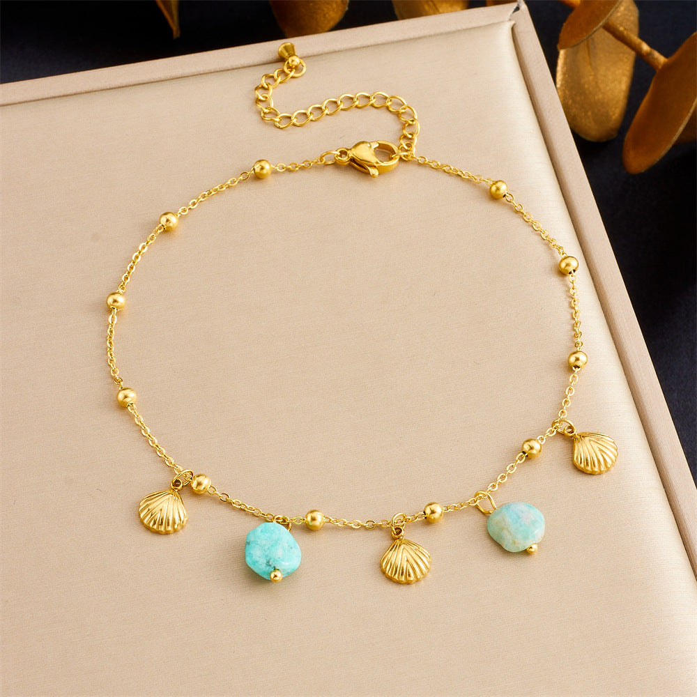 Fashion Beach Ocean Style Shell Dolphin Starfish Stacking Chain Double Layer Stainless Steel Anklet For Women