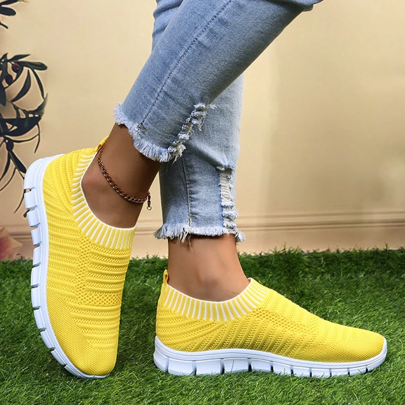 Yellow Stripe Knitted Socks Sneakers Women Spring Summer Slip On Flat Shoes Woman Plus Size Breathable Mesh Running Shoes
