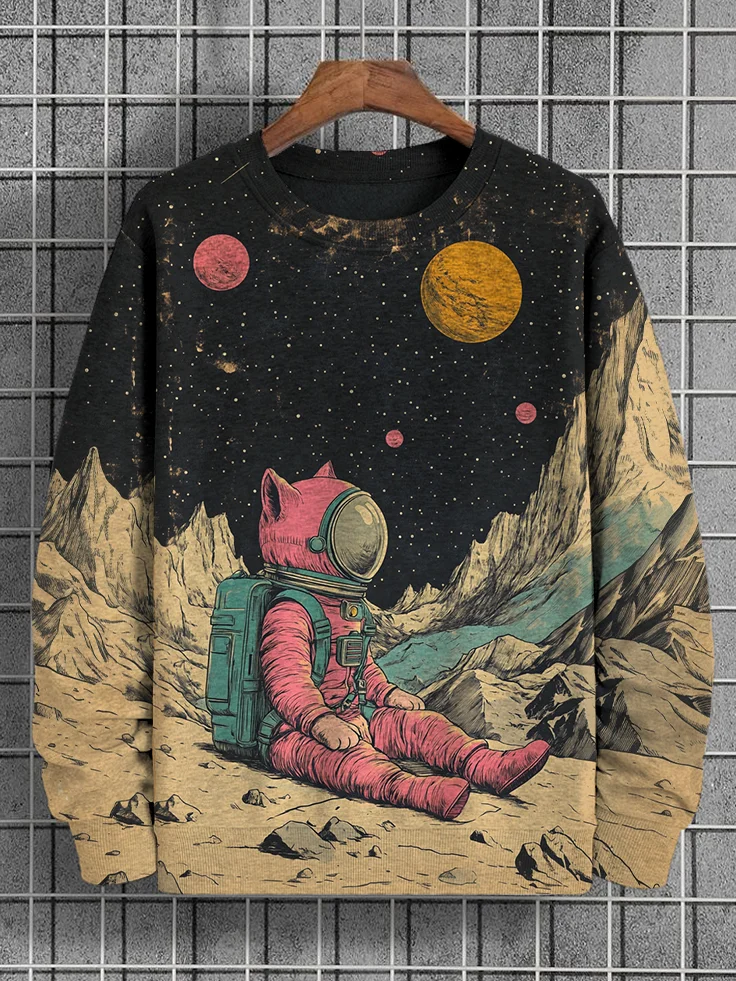 Men's Cat Astronaut Outer Space Print Casual Sweatshirt