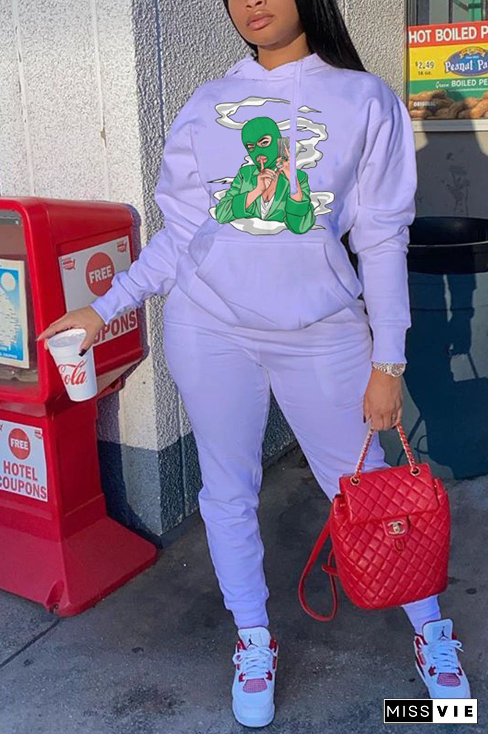 Street Print Pocket Hooded Collar Long Sleeve Two Pieces