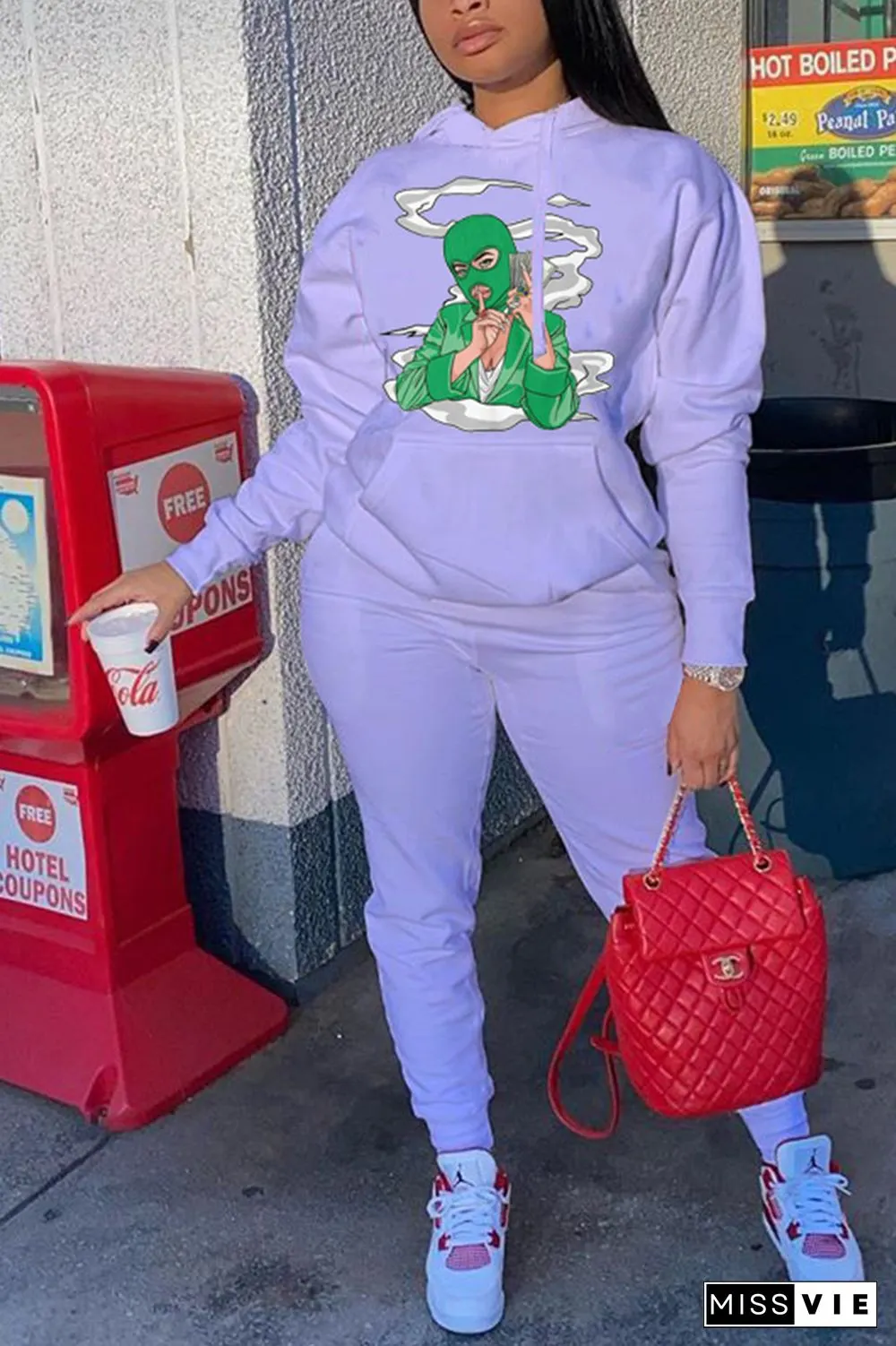 Street Print Pocket Hooded Collar Long Sleeve Two Pieces