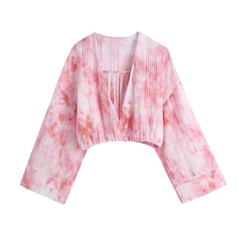 TRAF Women Fashion Tie-dye Print Cropped Blouses Vintage Long Sleeve Elastic Hem Female Shirts Blusas Chic Tops