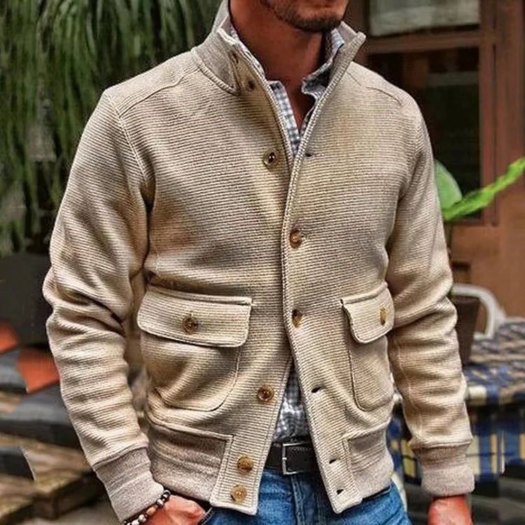 Men's Casual Vintage  Solid Single Breasted Stand Collar Long Sleeve Knitted Jacket