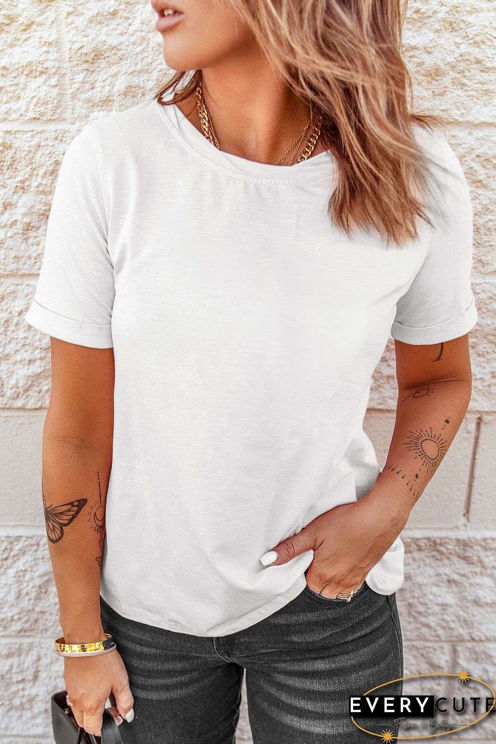White Solid Color Crew Neck Tee