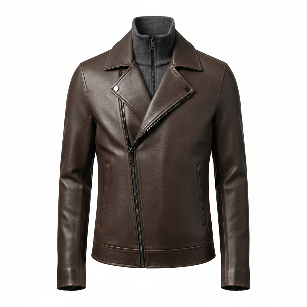 thesupersurf Brown Leather Biker Jacket with Zipper Closure 