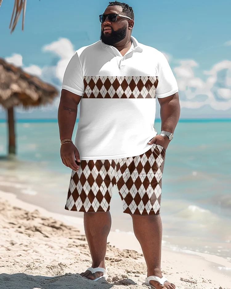 Men's Plus Size Simple Patchwork Diamond Print Polo Shorts Suit