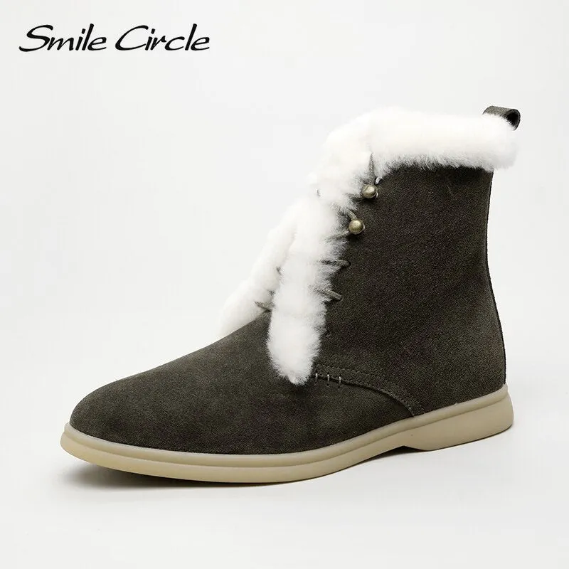 Smile Circle winter Ankle boots cow-suede-leather boots fashion natural-fur Warm boots Comfortable snow boots women
