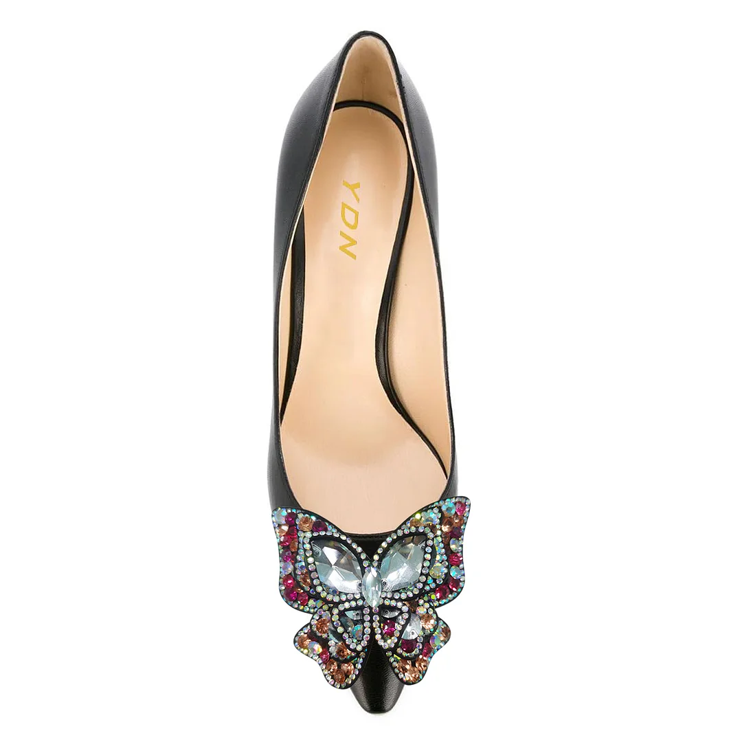 Women's Vegan Leather Pointed Toe Colorful Rhinestone Butterfly Pumps 