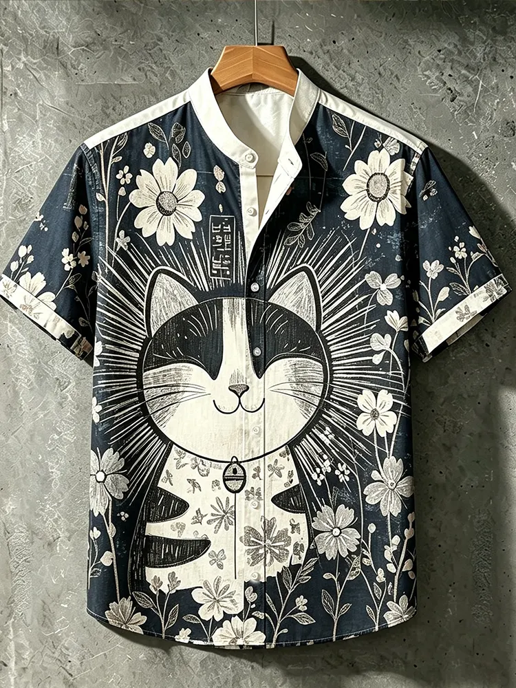 Men's Short-sleeve Stand Collar Shirt Featuring A Cute Graphic Cat Surrounded By Vintage Flowers And Ink-style Lines  artssus