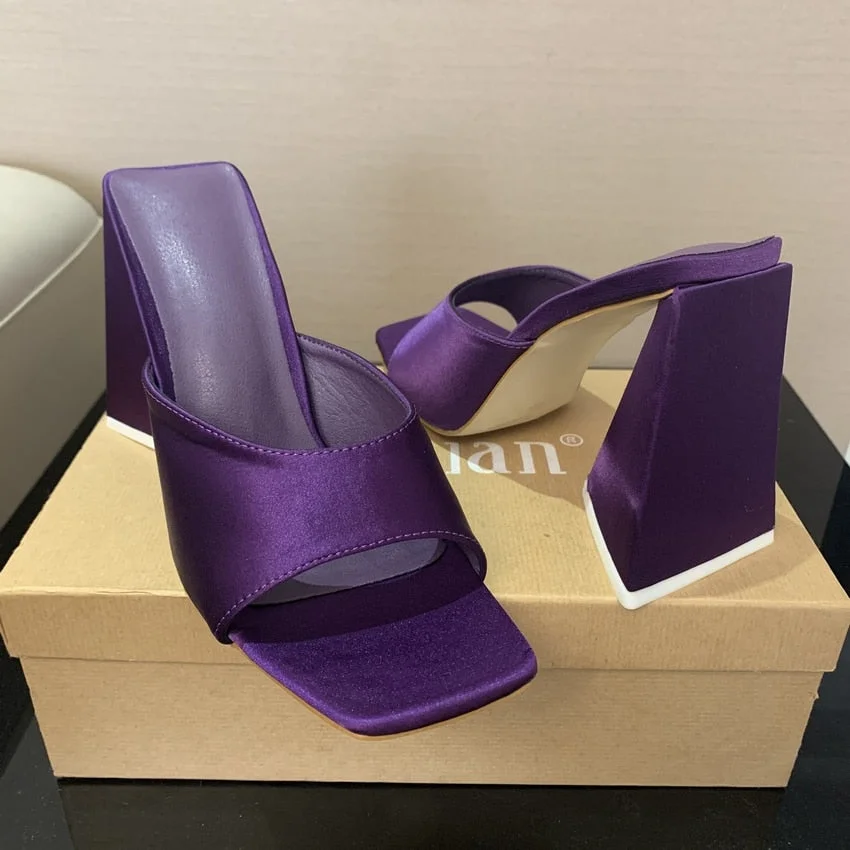 2022 Summer sandals women triangle thick mules high heels slippers sandals flip flops square toe slides party shoes woman